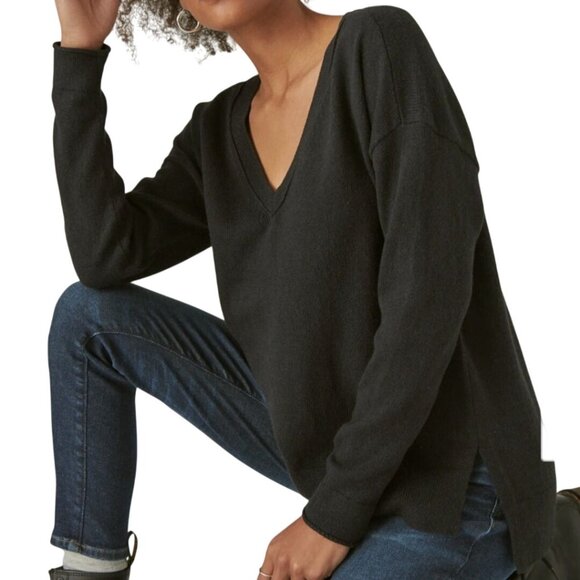 Lucky Brand NWT Cotton Blend V Neck Jet Black Sweater Capsule Wardrobe Size XL - Picture 6 of 10
